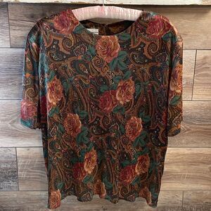 August Max Woman Blouse, Size 1X , Floral/Paisley Print, Green,Brown,Rust Colors